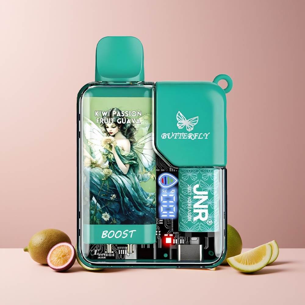 JNR Butterfly 8500 Puffs France Grossiste – 15ml E-Liquide, 1200mAh, Écran Numérique, Coil Mesh 1.0ohm, Kiwi Fruit de la Passion Goyave