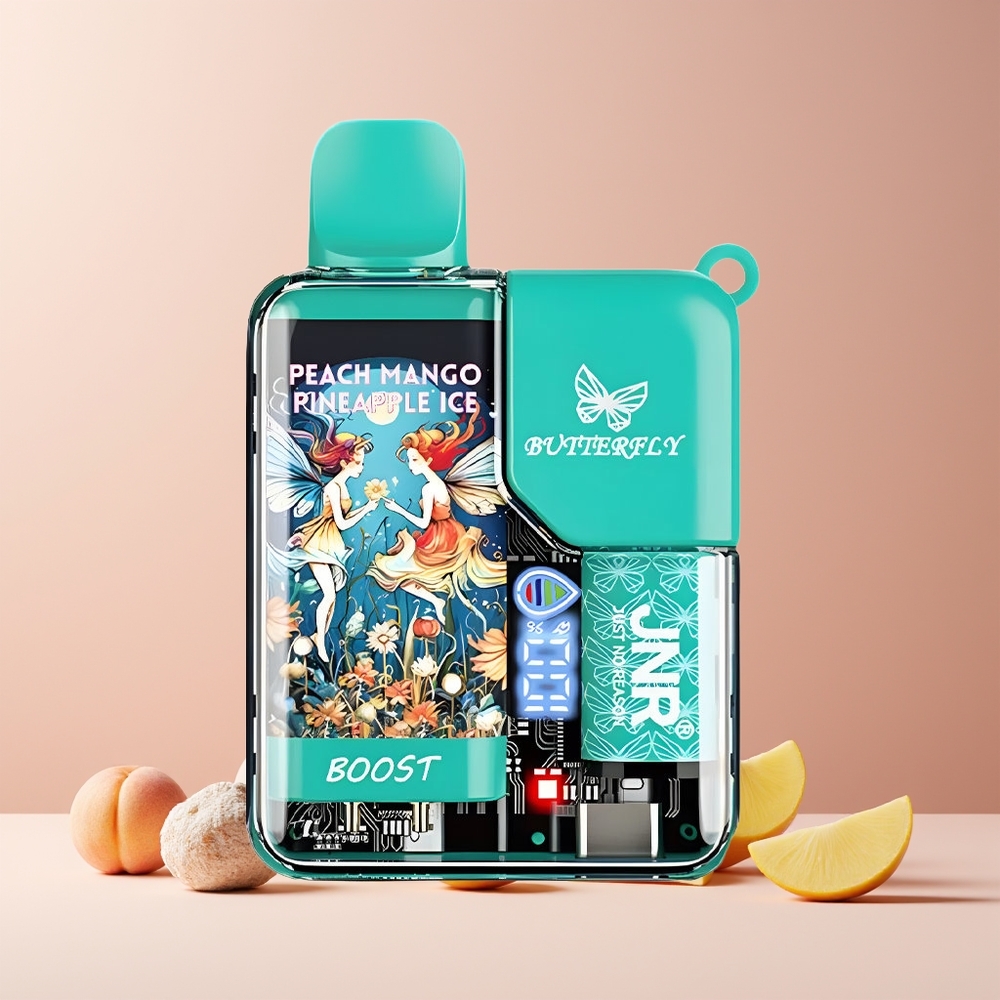 JNR Butterfly 8500 Puffs France Grossiste – 8500 Bouffées, 15ml e-Liquide, Batterie 1200mAh, Écran Digital, Coil Mesh 1.0ohm, Pêche Mangue Ananas Glacé