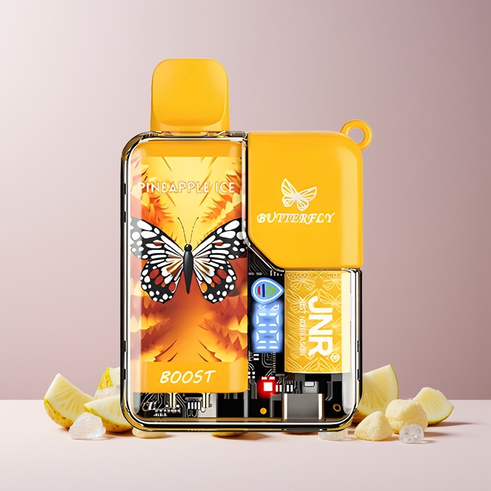 JNR Butterfly 8500 Puffs France Grossiste - 8500 Bouffées, 15ml e-Liquide, Écran Numérique, Design Transparent avec Ruban, Ananas Glacé