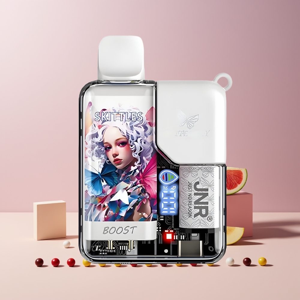 JNR Butterfly 8500 Puffs France Grossiste - 8500 Bouffées, Batterie 1200mAh, E-Liquide 15ml, Coil Mesh 1.0ohm, Affichage Numérique, Saveur Skittles (Arc-en-Ciel)