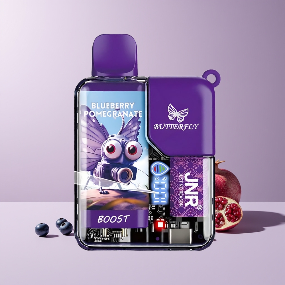 JNR Butterfly 8500 Puffs France Grossiste - 8500 Puffs, 15ml, 1.0ohm, Affichage Numérique, Myrtille Grenade