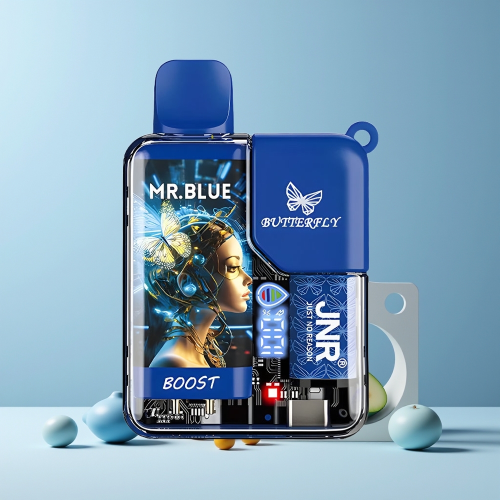 JNR Butterfly 8500 Puffs France grossiste - 15ml E-Liquide, 1200mAh Batterie, Écran Numérique, Coil Mesh 1.0ohm, Corps Transparent avec Design Ruban, Nicotine 0%/2%/5%, Mr Bleu