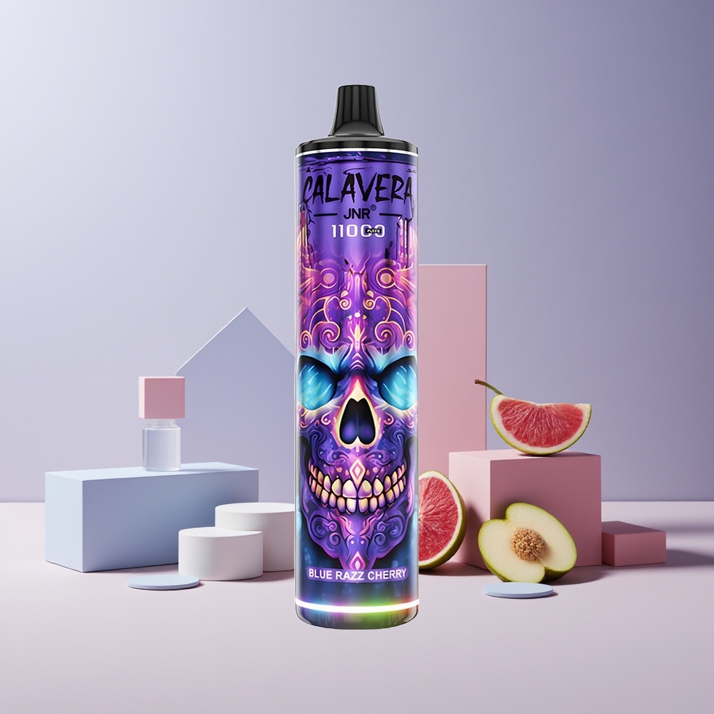 JNR Calavera 11000 Puffs France Grossiste Disposable Vape avec Port Type-C, Batterie 850 mAh, 21ml E-Liquide, Coil Mesh 1.0ohm, Bleu Framboise Cerise