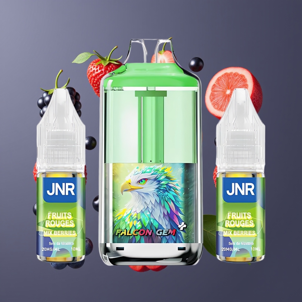 JNR Falcon GEM⁺ 30000 Puffs France grossiste Pod Vape Rechargeable avec Réservoir Visible, 950mAh, Double Mesh Coil et Baies Mixtes, Certifié TPD