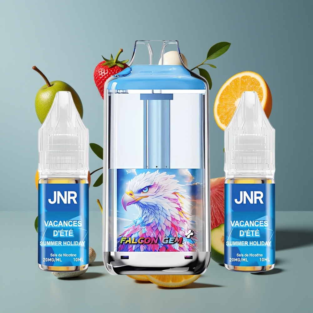 JNR Falcon GEM⁺ 30000 Puffs Rechargeable Pod Vape France grossiste avec Réservoir Visible, Recharge par le Dessus, 2 10ml E-liquide, 950mAh, Port Type-C, Dual Mesh Coil