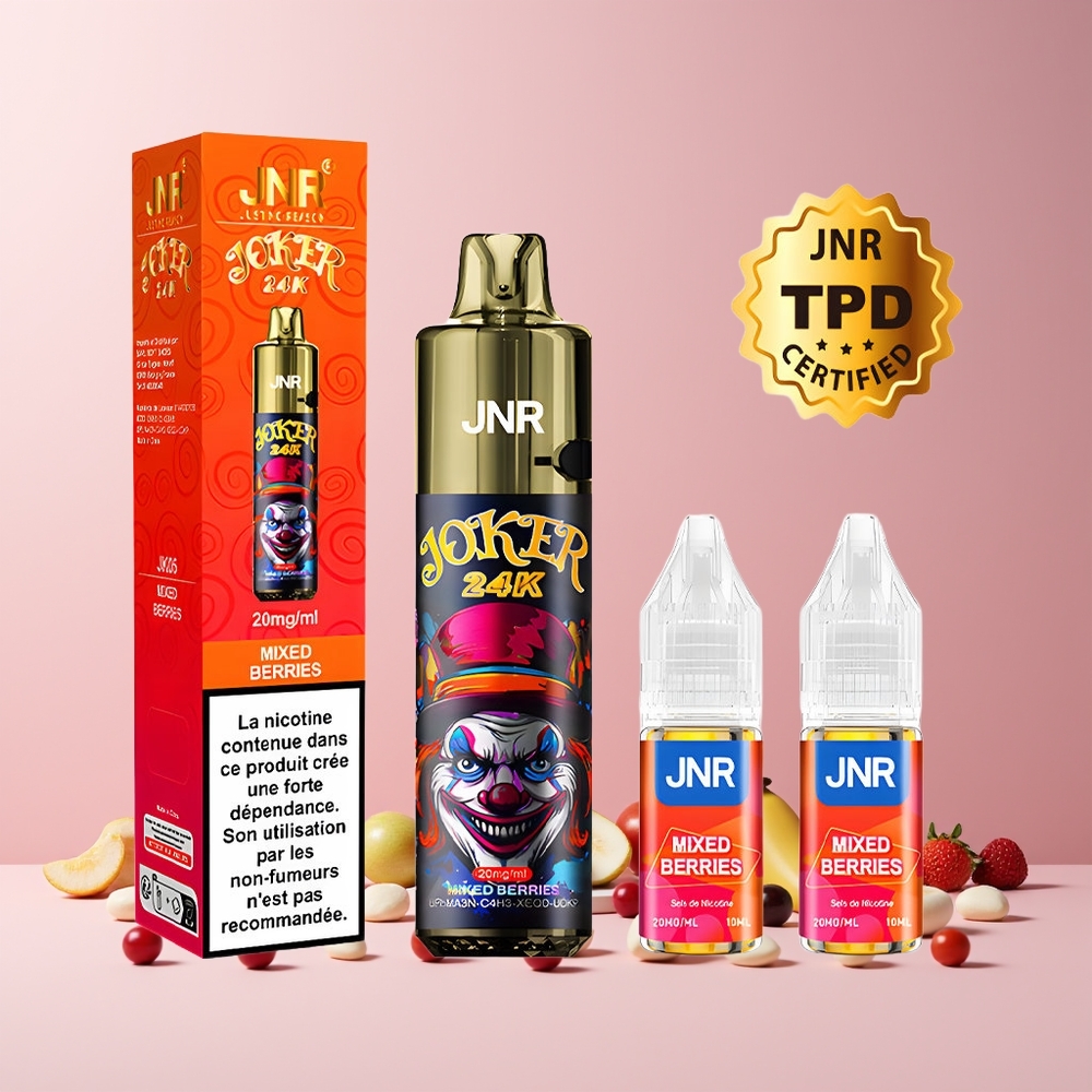 JNR Joker 24K Puffs France Grossiste - E-liquide Visible, Rechargeable 2+10ml, 800mAh, Type-C, Baies Mixtes