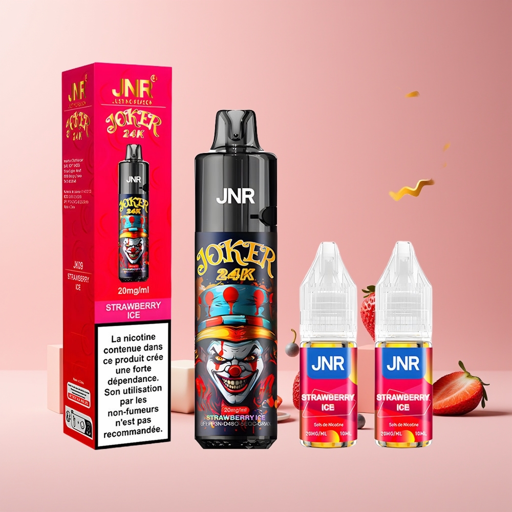 JNR Joker 24K Puffs France Grossiste - Pod Rechargeable 10ml, Batterie 800mAh, E-liquide Visible, Glace à la Fraise (Strawberry Ice)