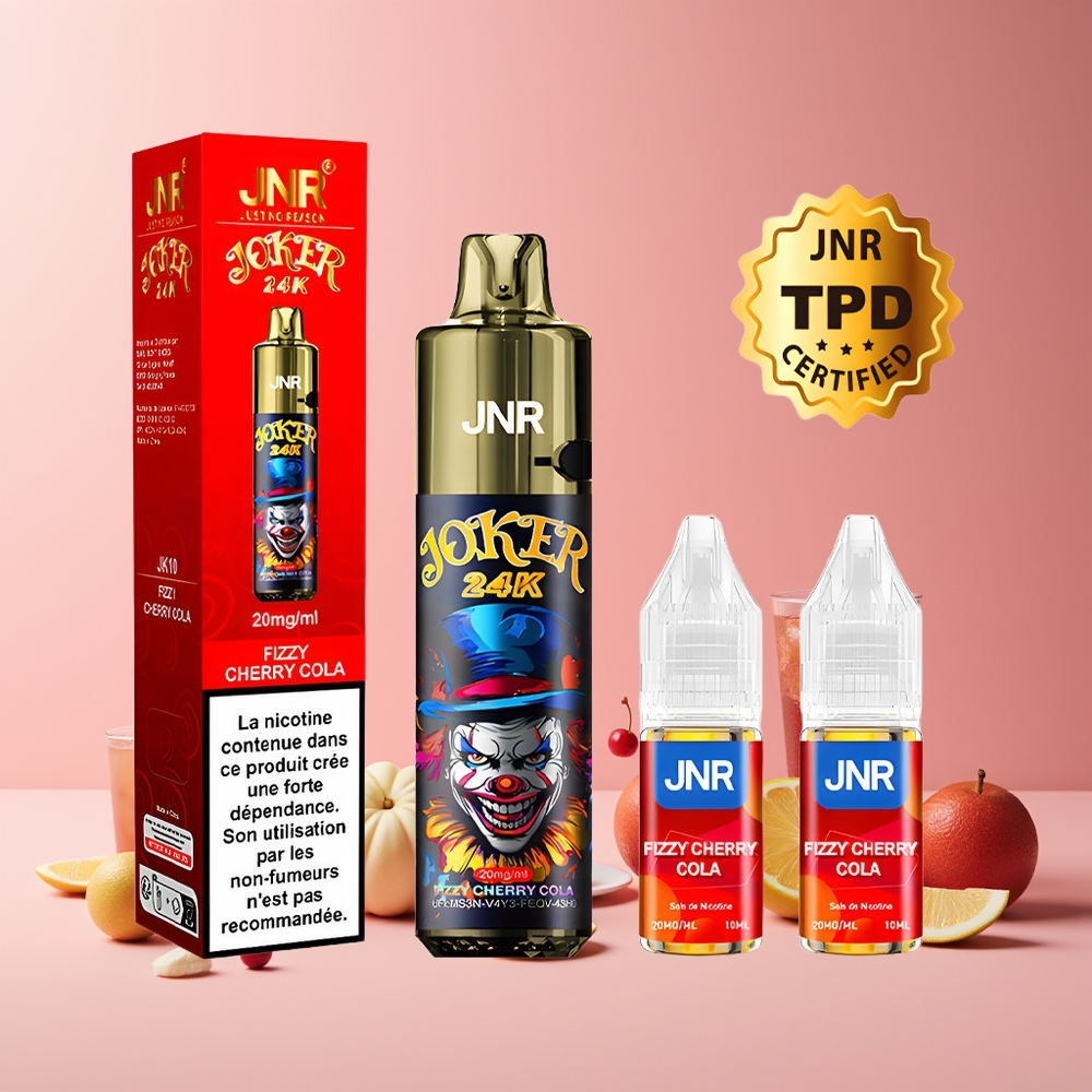 JNR Joker 24K Puffs France Grossiste - Pod Rechargeable 10ml, Batterie 800mAh, Lumière Respirante, Type-C, Cerise Cola Pétillante