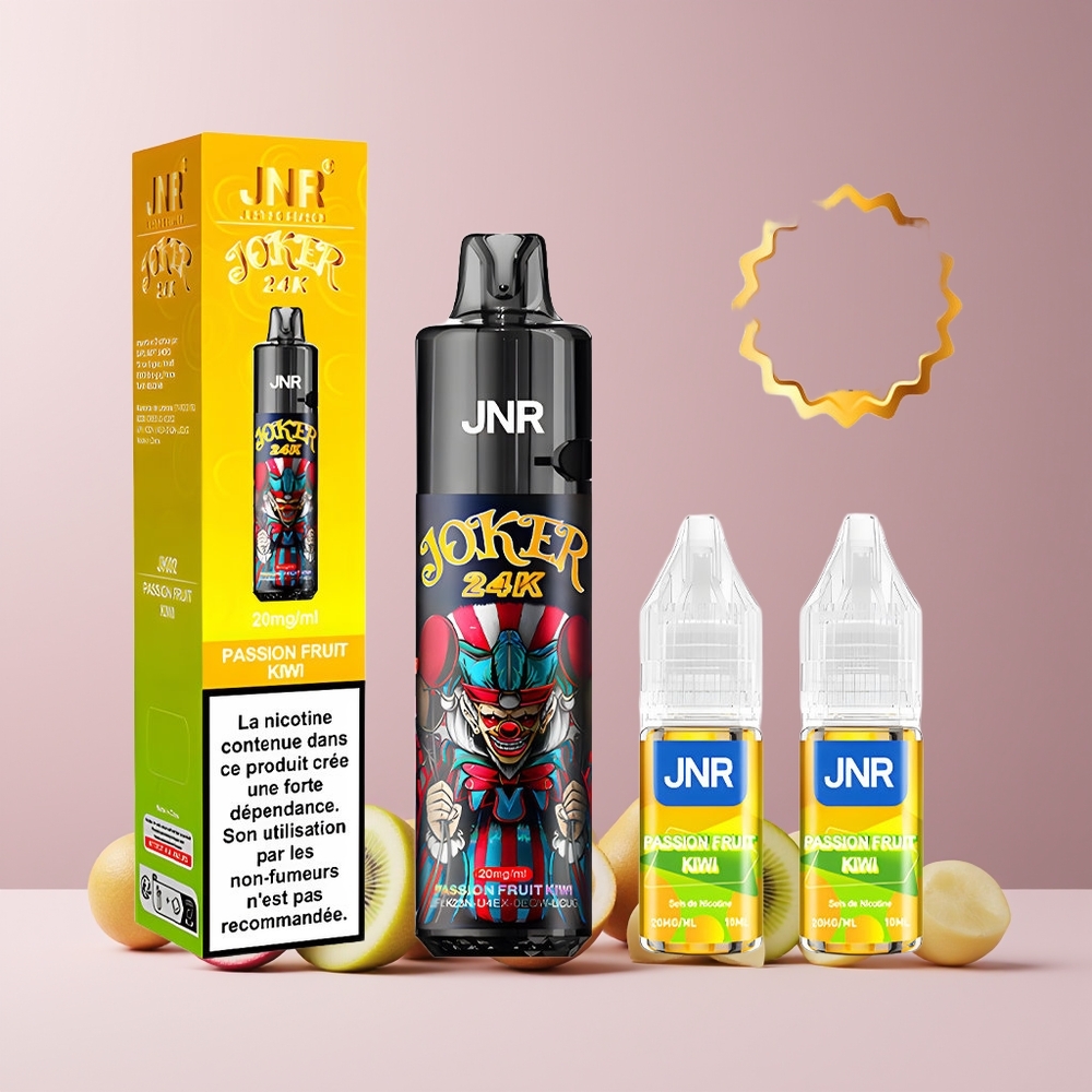 JNR Joker 24K Puffs France Grossiste - Pod Rechargeable 2+10ml, Batterie 800mAh, Type-C, 24000 Puffs, 2% Nicotine, Fruit de la Passion Kiwi