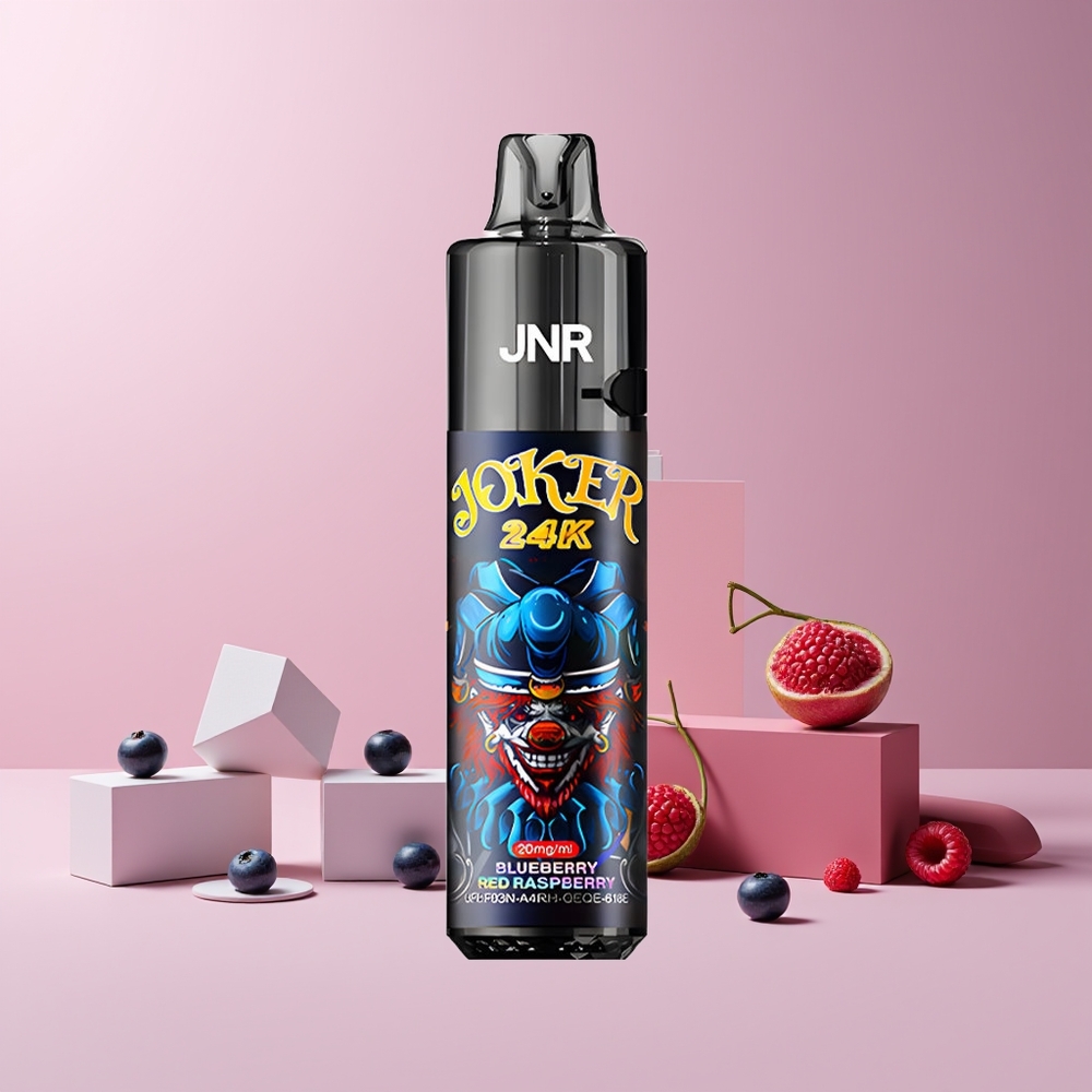 JNR Joker 24K Puffs France Grossiste - Pod Rechargeable 2+10ml, Niveau de E-liquide Visible, 800mAh, Type-C, 24000 Puffs, 2% Nicotine, Myrtille Framboise Rouge