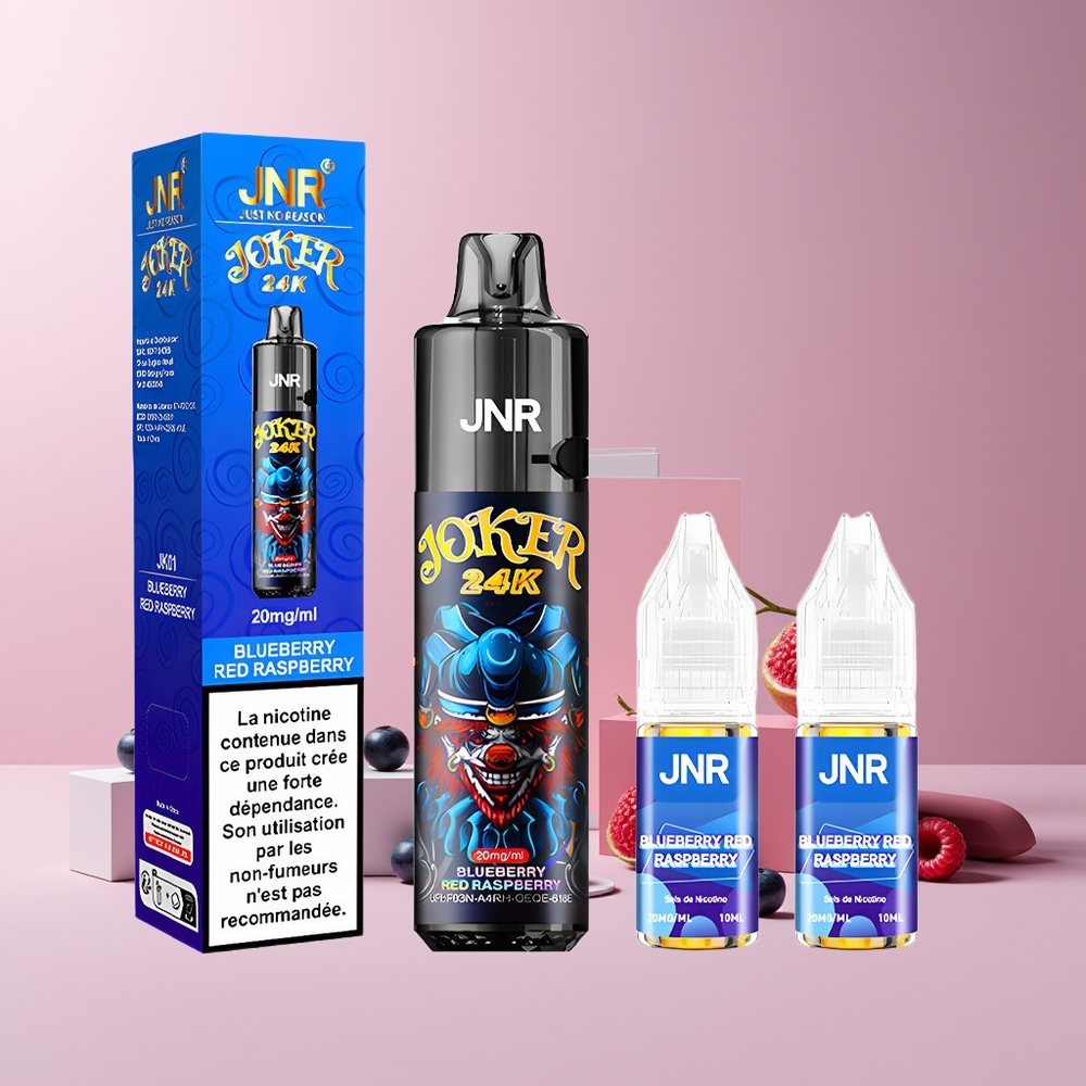 JNR Joker 24K Puffs France Grossiste - Pod Rechargeable 2+10ml, Niveau de E-liquide Visible, 800mAh, Type-C, 24000 Puffs, 2% Nicotine, Myrtille Framboise Rouge
