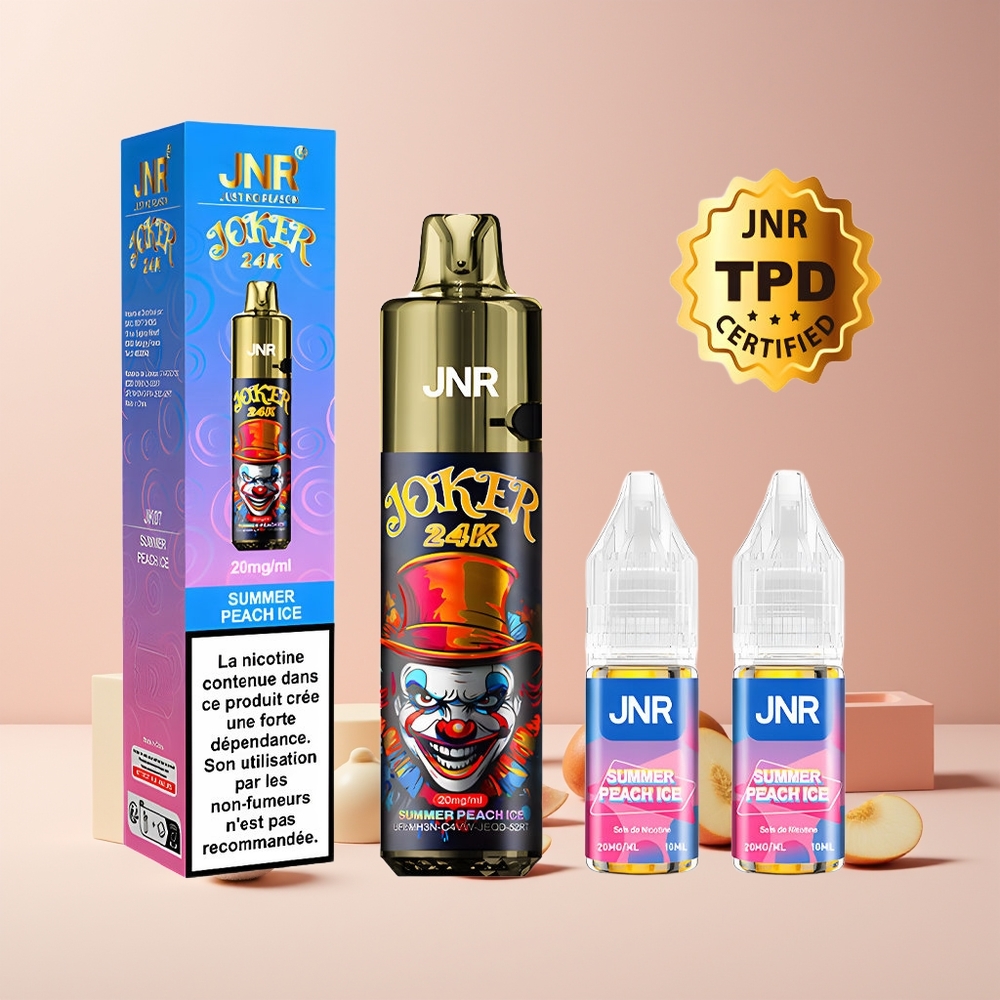 JNR Joker 24K Puffs France grossiste - Pod Rechargeable 2+10ml, Niveau de Liquide Visible, 800mAh, Pêche Glacée d'Été, 2% Nicotine