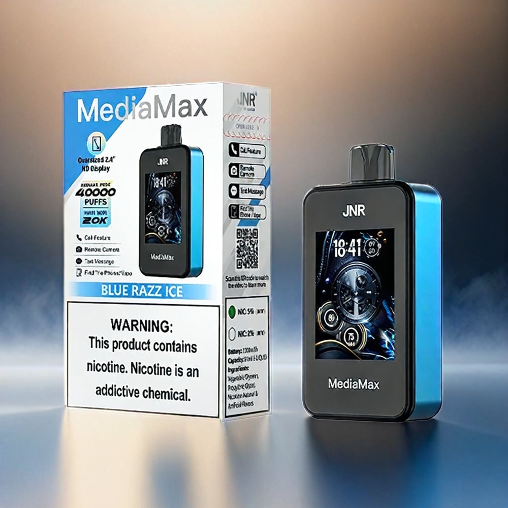 JNR MediaMax 40000 Aspirations France Grosiste - Mode Régulier: 40000 Aspirations, Mode Pulse: 20000 aspirations, batterie: 1000mAh, e-liquide: 21 ml, Teneur en Nicotine: 5%, Bobine: double mail glacé