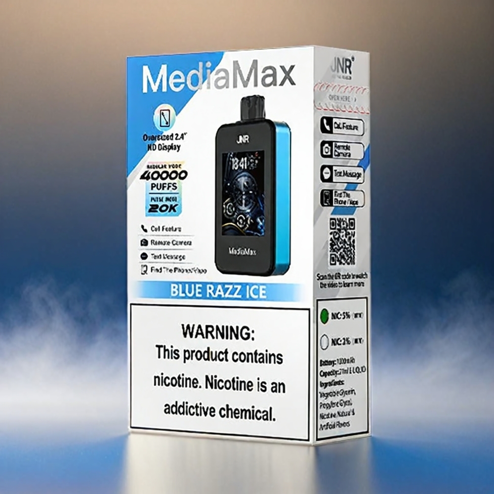 JNR MediaMax 40000 Aspirations France Grosiste - Mode Régulier: 40000 Aspirations, Mode Pulse: 20000 aspirations, batterie: 1000mAh, e-liquide: 21 ml, Teneur en Nicotine: 5%, Bobine: double mail glacé