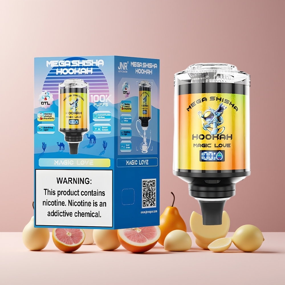 JNR Mega Chicha Narguilé Desktop Compatibilité France Grossiste - 100000 Bouffées, 60ml Capacité, 2200mAh Batterie, Écran Intelligent, 2% Nicotine, Magic Love