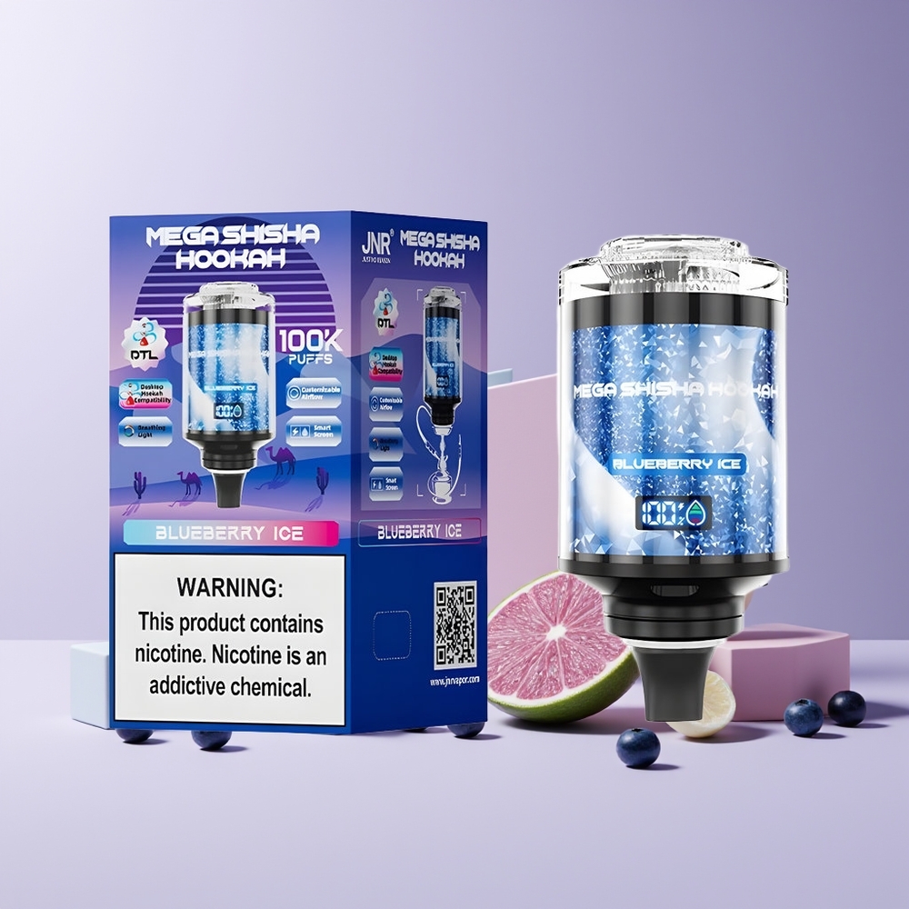 JNR Mega Shisha Hookah 100K France Grossiste Compatibilité Bureau avec 2200mAh, Charge Rapide Type-C et Glace Myrtille