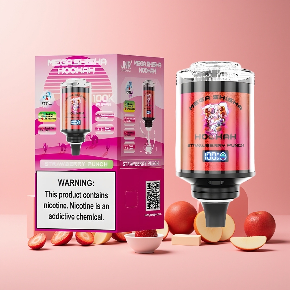 JNR Mega Shisha Hookah France Grossiste 100K Compatibilité Bureau avec Écran Intelligent, 2200mAh, Type-C, Fraise Punch