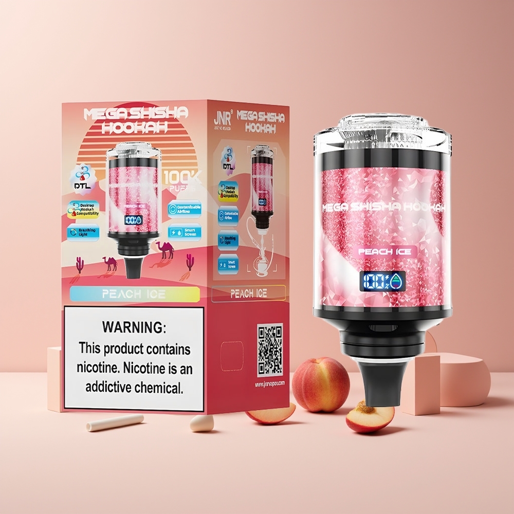 JNR Mega Shisha Hookah France grossiste - Compatible Bureau 100K Puffs, 60ml, 2200mAh, Type-C, Écran Intelligent, Peach Ice (Glace Pêche)