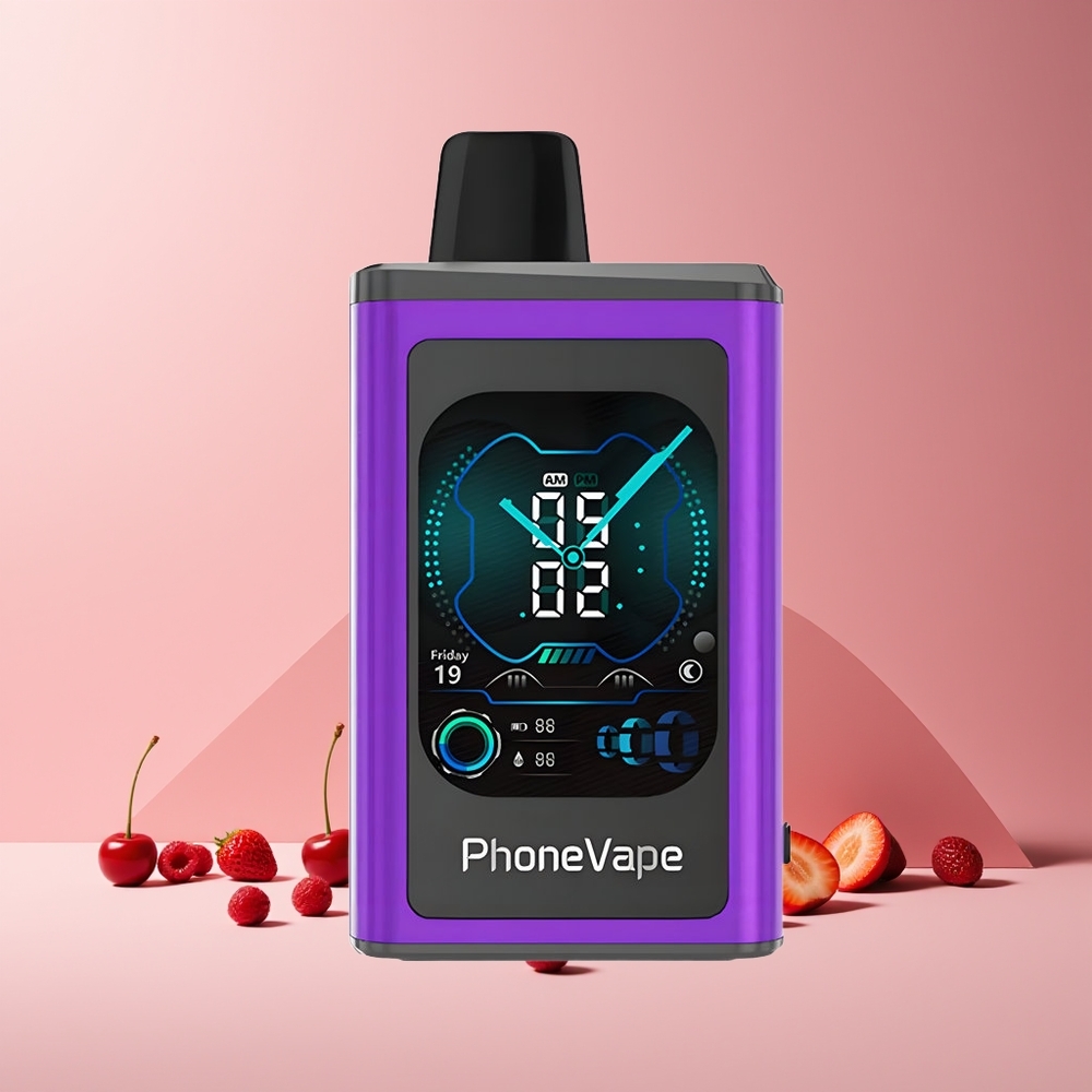 JNR PhoneVape 30000 bouffées France grossiste - Batterie Rechargeable 850mAh Type-C, Mode Turbo, Écran Complet, Cerise Fraise Framboise