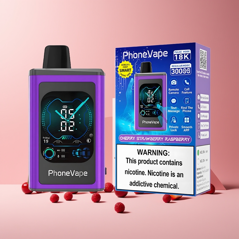 JNR PhoneVape 30000 bouffées France grossiste - Batterie Rechargeable 850mAh Type-C, Mode Turbo, Écran Complet, Cerise Fraise Framboise