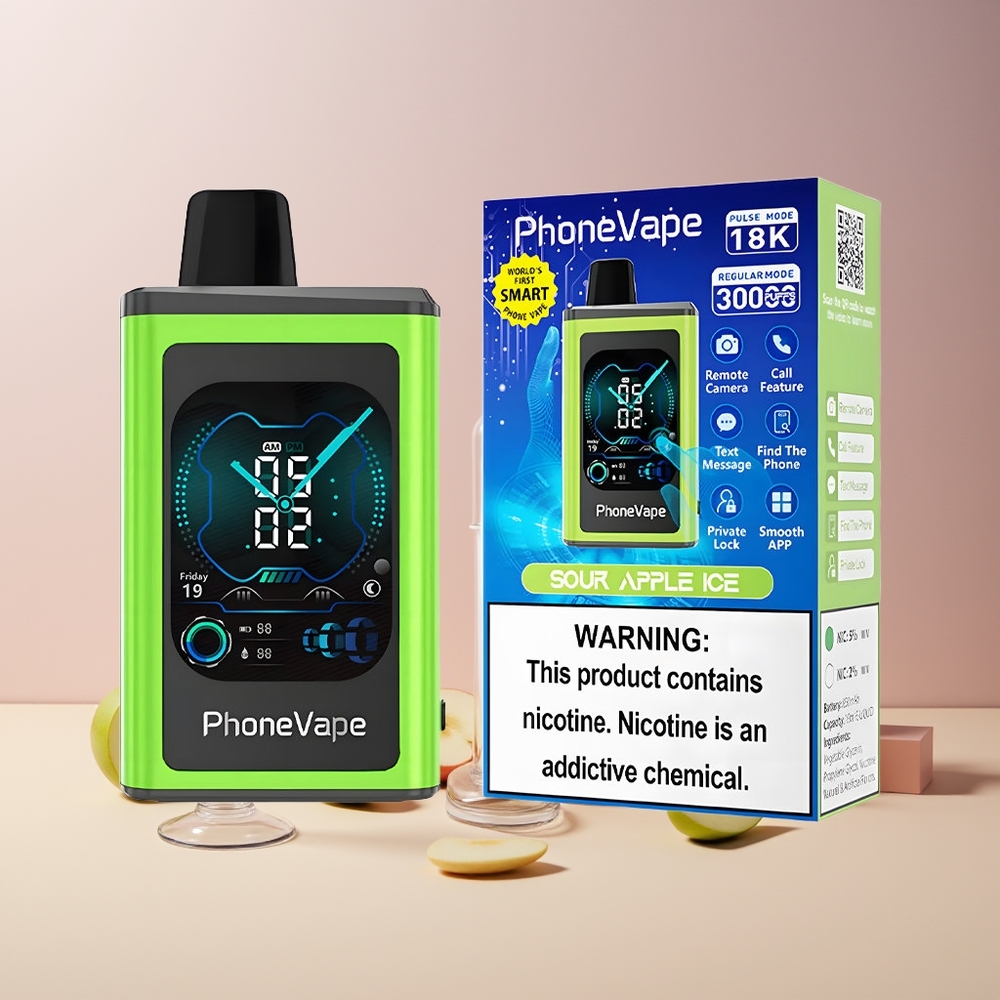 JNR PhoneVape 30000 bouffées France grossiste - Batterie Rechargeable 850mAh Type-C, Mode Turbo, Écran Complet, Pomme Acidulée Glacée