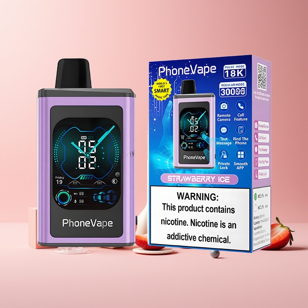 JNR PhoneVape 30000 bouffées France grossiste - Batterie rechargeable 850mAh Type-C, Mode Turbo, Glace à la Fraise
