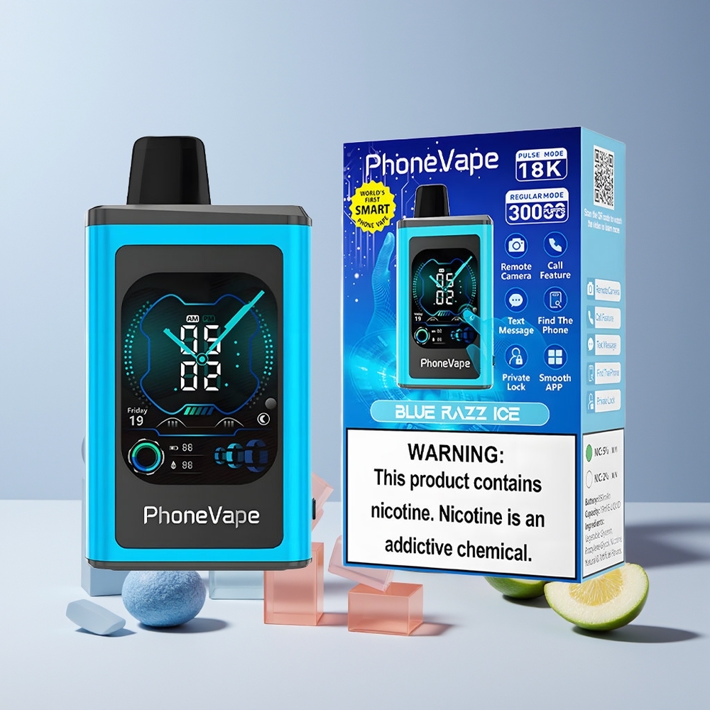 JNR PhoneVape 30000 bouffées France grossiste - Puff Disposable Rechargeable avec Turbo Mode, Écran Complet et Framboise Bleue Glacée