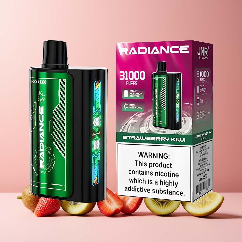 JNR Radiance 31000 Puffs France Grossiste - 28ml Écran Animé Intelligent, Double Mesh Coil, Batterie Rechargeable 950 mAh, Port Type-C, 2% Nicotine, Fraise Kiwi
