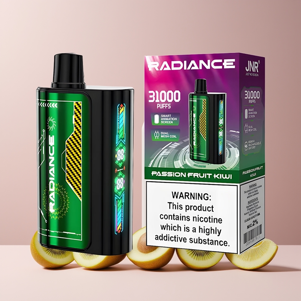 JNR Radiance 31000 Puffs France Grossiste Disposable Vape Fruit de la Passion Kiwi avec Écran Animé Intelligent et Batterie Rechargeable 950 mAh