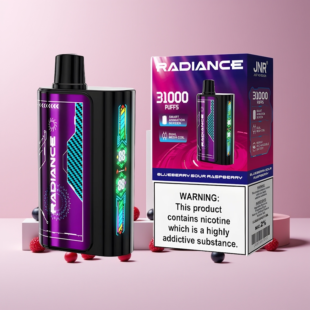 JNR Radiance 31000 Puffs France Grossiste - Ecigarette Jetable avec Écran Animé Intelligent, Double Mesh Coil et Batterie Rechargeable 950 mAh - Myrtille Framboise Acidulée