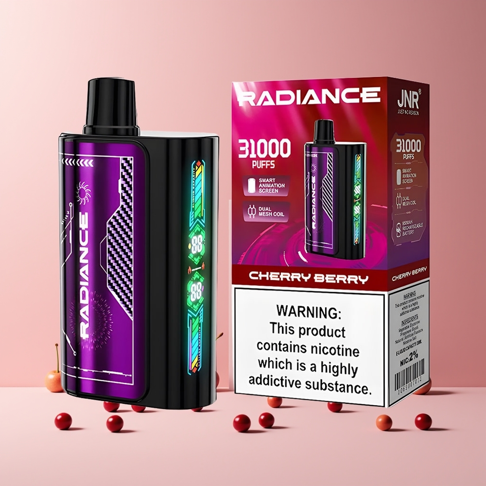 JNR Radiance 31000 Puffs France Grossiste - Écran Animé Intelligent, Double Mesh, 28ml E-liquide, Cerise Baies