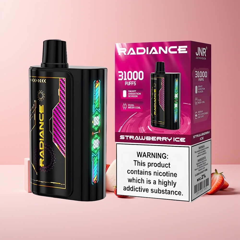 JNR Radiance 31000 Puffs France Grossiste - Écran Animé Intelligent, Double Mesh Coil, Batterie Rechargeable 950 mAh, Fraise Glacée