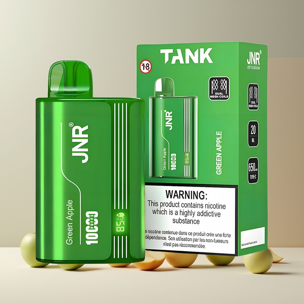 JNR Tank 10000 Puffs France Grossiste – Recharge Rapide Type-C, Double Mesh Coil, Affichage Numérique, Airflow Ajustable, Pomme Verte Pêche Poire