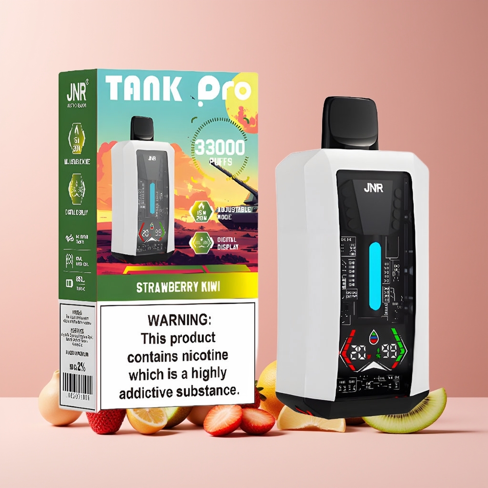 JNR Tank Pro 33000 Puffs France Grossiste – 28ml, Double Mesh, Affichage Numérique, 15W/20W, Type-C, 2 % Nicotine, Fraise Kiwi