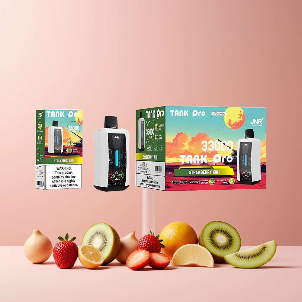 JNR Tank Pro 33000 Puffs France Grossiste – 28ml, Double Mesh, Affichage Numérique, 15W/20W, Type-C, 2 % Nicotine, Fraise Kiwi
