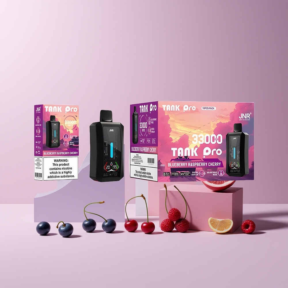 JNR Tank Pro 33000 Puffs France Grossiste - 28ml Ecran Numérique Double Mesh Coil 15W/20W Myrtille Framboise Cerise