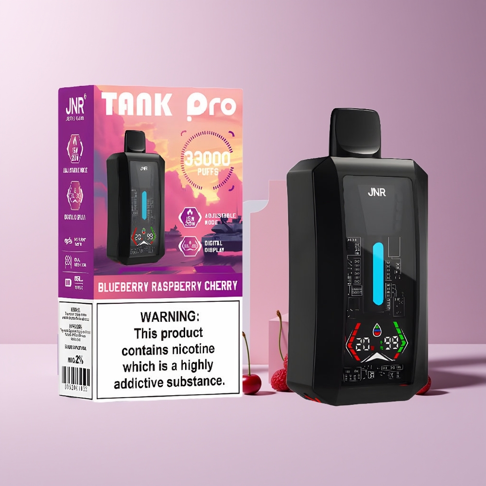 JNR Tank Pro 33000 Puffs France Grossiste - 28ml Ecran Numérique Double Mesh Coil 15W/20W Myrtille Framboise Cerise