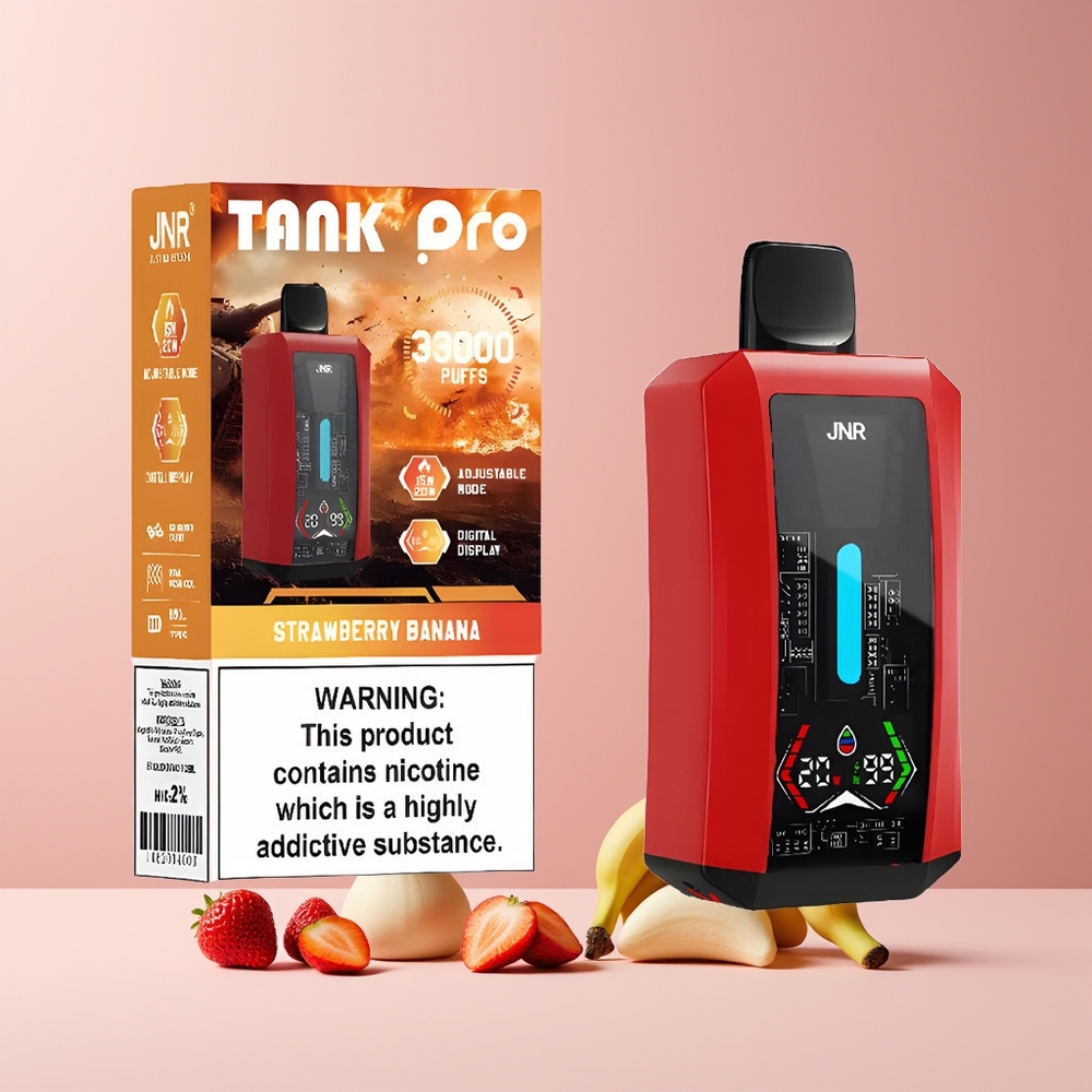 JNR Tank Pro 33000 Puffs France Grossiste - 28ml e-Liquide, Double Mesh Coil, Affichage Numérique, Fraise Banane