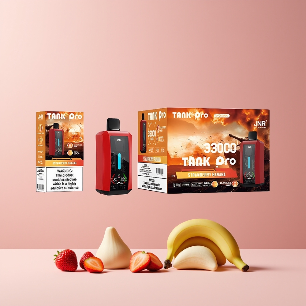 JNR Tank Pro 33000 Puffs France Grossiste - 28ml e-Liquide, Double Mesh Coil, Affichage Numérique, Fraise Banane