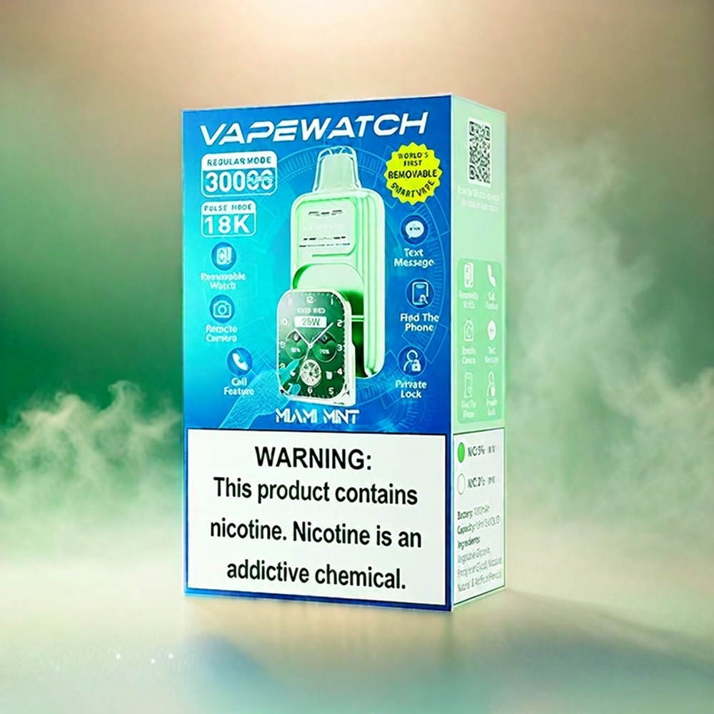 JNR France Grossiste Vape Watch 30000 Puffs - 19 ml, double maillage, charge Rapide Type-C et menthe de Miami