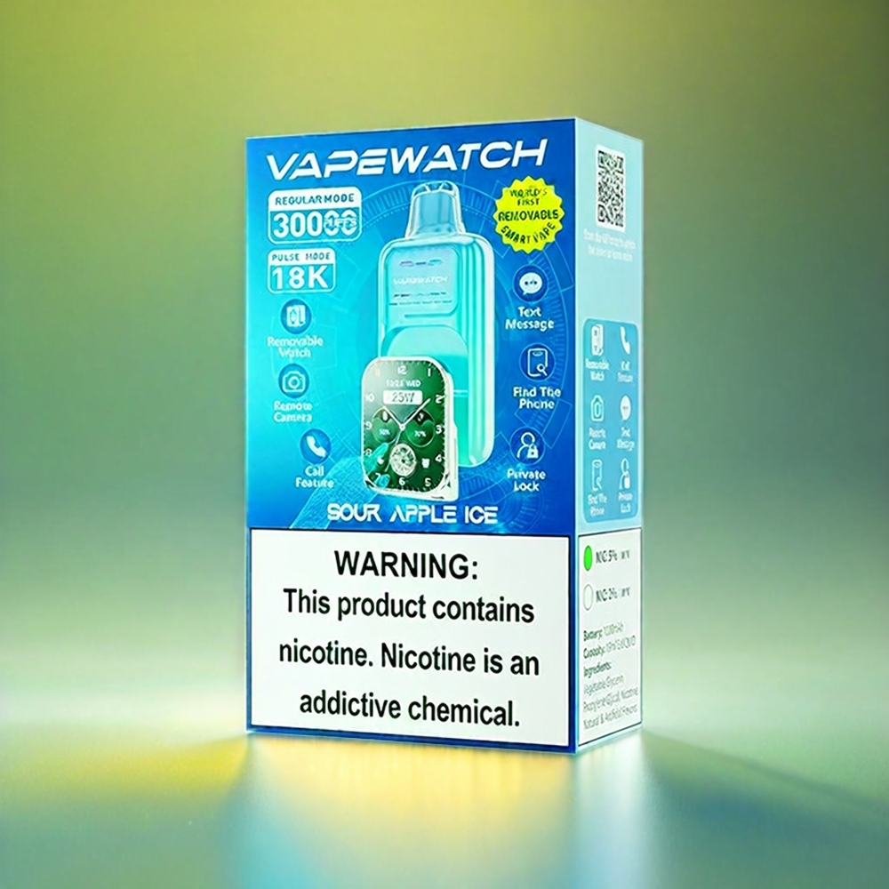 JNR Vape Watch 30000 Puffs France Grosiste - 30 000 bouffés Mode Régulier, 19 ml, 5% de nicotine, bobine à double mailles, pomme verte glacée