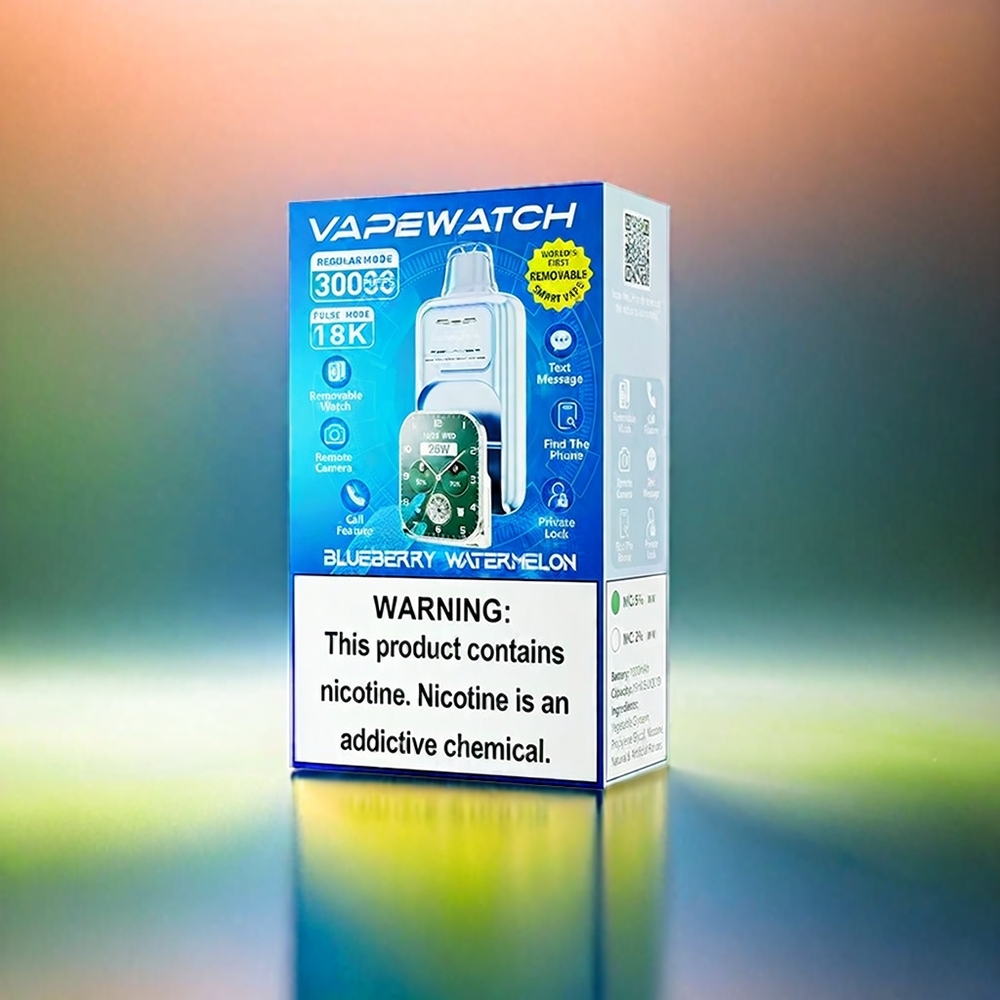 Jnr Vape Watch 30000 Puffs France Grosiste - Myrtille Pastèque (30 000 bouffés, 1000mAh, 19 ml, 5% de nicotine, bobine à double mailles, charge Rapide Type-C)
