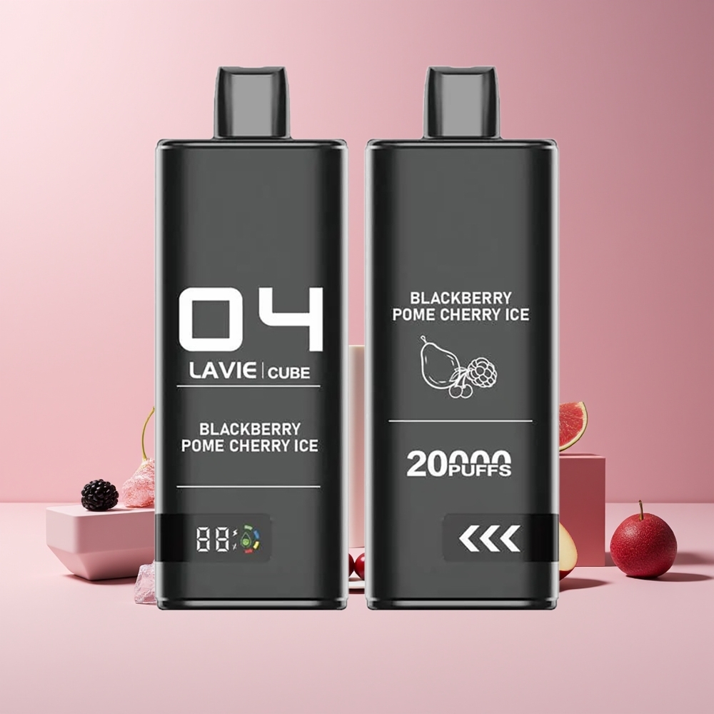 Lavie Cube 20000 Puffs France Grossiste - Dispositif de Vape Jetable avec 28ML de Liquide, 600mAh, Port Type C - Mûre Grenade Cerise Glacée