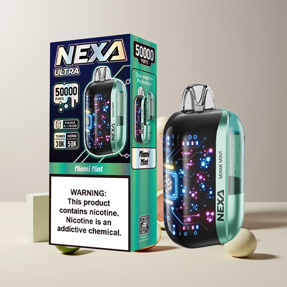 NEXA Ultra 50K Disposable Vape France Grossiste - 20ml, 50000 Puffs, 5% Nicotine, Écran Courbé 3D, Menthe de Miami, Type-C