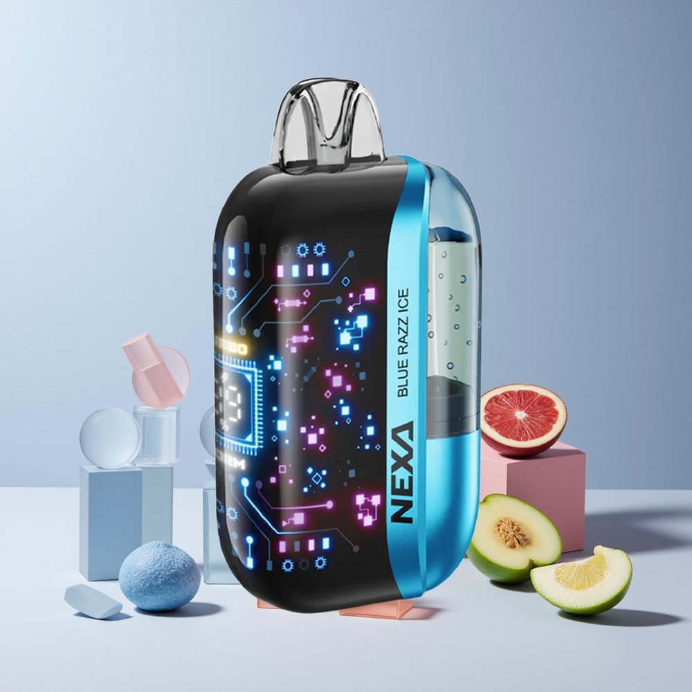 NEXA Ultra 50K Disposable Vape France Grossiste - 20ml, 50000 Puffs, 5% Nicotine, Écran Courbe 3D, Double Mesh 0.9ohm, Type-C, Bleu Framboise Glacée