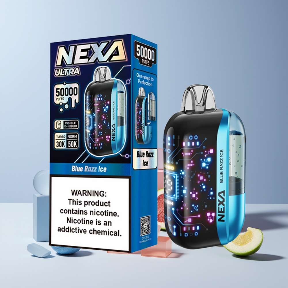 NEXA Ultra 50K Disposable Vape France Grossiste - 20ml, 50000 Puffs, 5% Nicotine, Écran Courbe 3D, Double Mesh 0.9ohm, Type-C, Bleu Framboise Glacée