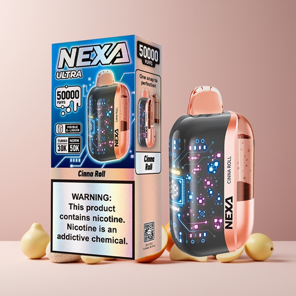 NEXA Ultra 50K Disposable Vape France Grossiste - 20ml, 800mAh, 5% Nicotine, Écran Courbe 3D, Type-C, Rouleaux de Cannelle