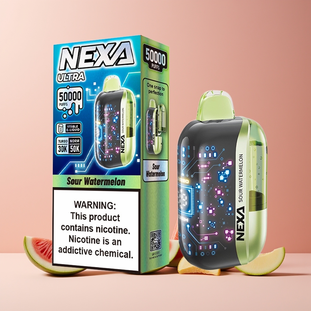NEXA Ultra 50K Disposable Vape France Grossiste - Pastèque Acidulée, 20ml, 50000 Puffs, 5% Nicotine, Écran Courbe 3D