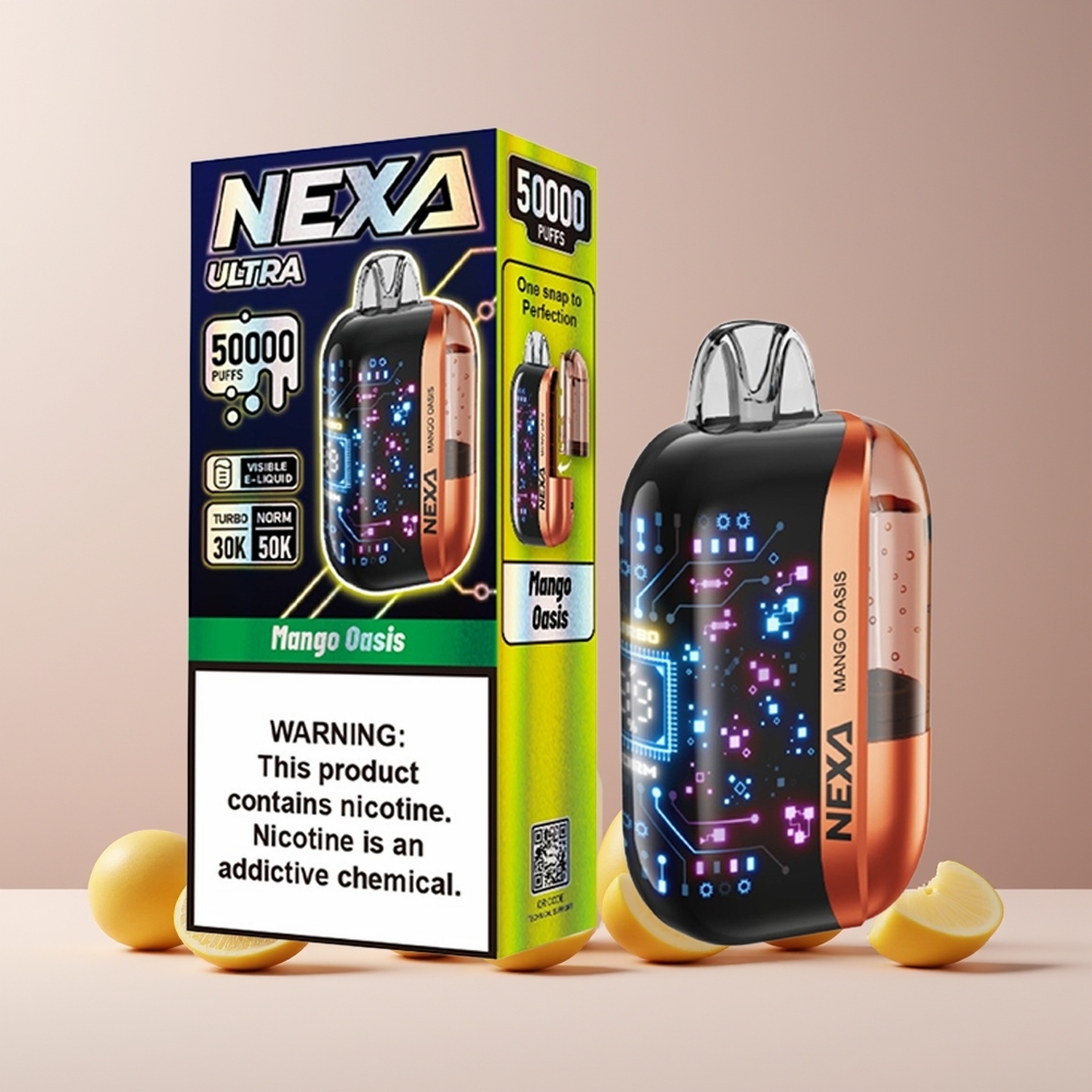 NEXA Ultra 50K Disposable Vape France grossiste - 20ml, 50000 Puffs, 5% Nicotine, Double Mesh 0.9ohm, Écran Courbe 3D, Type-C, Mangue Oasis