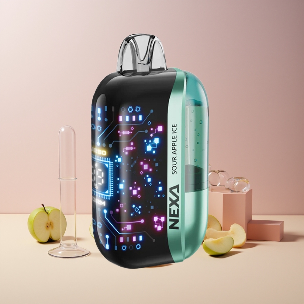 NEXA Ultra 50K Disposable Vape France grossiste - 20ml, 50000 Puffs, 5% Nicotine, Double Mesh 0.9ohm, Écran Courbe 3D, Type-C, Pomme Acidulée Glacée